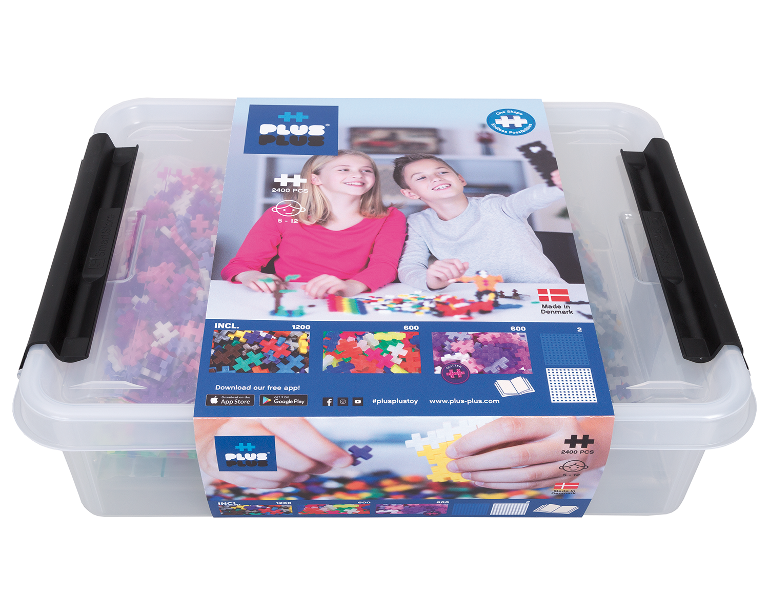 Kolorowe elementy PLUS-PLUS basic, neonowe i brokatowe wysypane z pojemnika