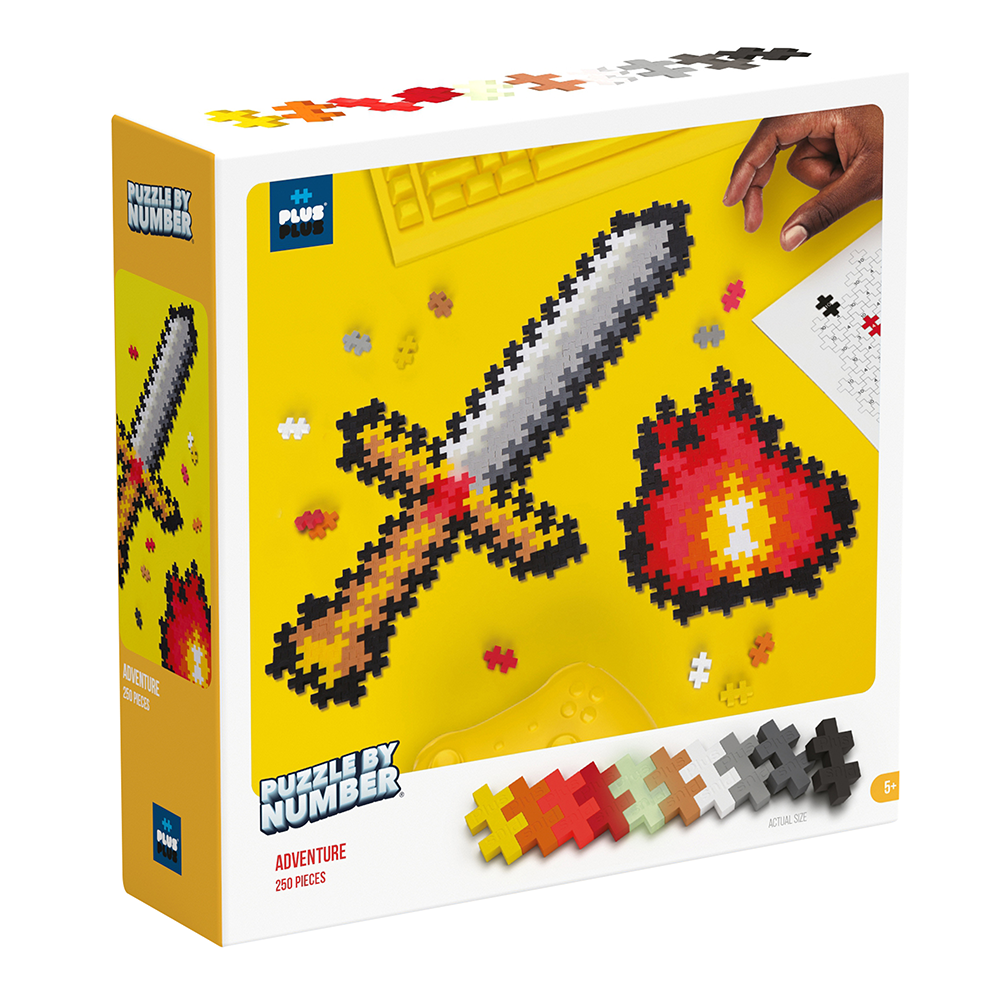 Opakowanie klocków Plus-Plus Puzzle by Number Przygoda 250 elementów z motywem miecza i płomienia