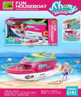 RÓŻOWY JACHT W ZESTAWIE LALKA DESKA SURFINGOWA OTWIERANA ŁÓDKA DLA DZIECI