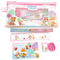 PRZYBORY SZKOLNE ZWIERZĘTA ZESTAW LINIJKA OŁÓWEK GUMKA PIÓRNIK DLA DZIECI